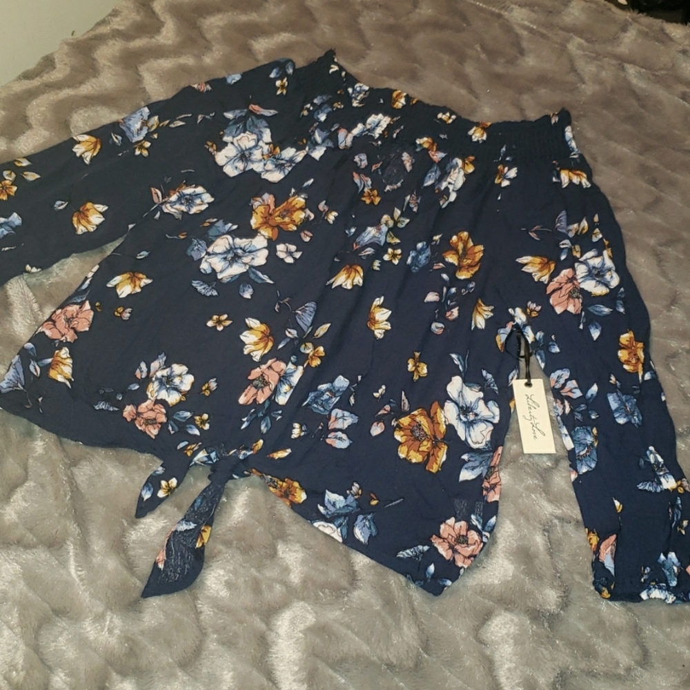 Navy blue floral pattern off the shoulder blouse